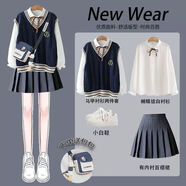梓洛蘭ZiLuolan2025秋季少女兩件套毛衣針織三件套學(xué)生學(xué)院寬松韓版馬甲 藏青馬甲+絲帶襯衫+灰百褶裙 493 S 建議70-90斤