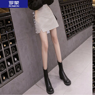 羅蒙（ROMON）  PU皮裙女2025秋冬新款黑色小短裙包臀大i碼半身裙a字裙子高腰顯 杏色 XS