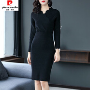 皮爾卡丹春秋裝中長(cháng)款v領(lǐng)修身針織連衣裙女過(guò)膝包臀荷葉邊毛衣外穿打底衫 黑色 均碼 【80-150斤穿】