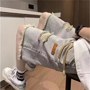 衣然呈品潮牌破洞牛仔短褲男直筒寬松休閑簡約大褲衩夏季百搭五分褲子男士 藍(lán)色破洞 L【建議120-135斤】