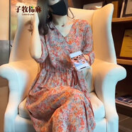 子牧棉麻夏裝 女復(fù)古V領(lǐng)印花時尚收腰法式中長款氣質(zhì)寬松連衣裙6968 花色 M(建議95-115斤)