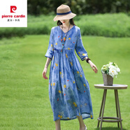 皮爾卡丹（pierre cardin）夏季寬松復(fù)古V領(lǐng)抽繩收腰短袖棉麻連衣裙民族風(fēng)中長款文藝裙子女 藍(lán)色黃果子 2XL【145-165斤】
