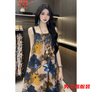 范哲莎輕奢寬松吊帶中長(zhǎng)款裙子印花女新款夏季緞料A字裙時(shí)尚連衣裙 潑墨水畫 L 120-140斤