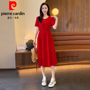 皮爾卡丹（pierre cardin）夏季短袖連衣裙女中長款2025新氣質(zhì)顯瘦收腰時尚高腰寬松休閑裙子 紅色 XL 125-145