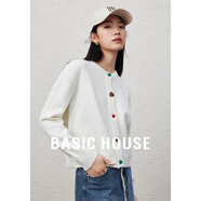 Basic House/百家好綿羊毛彩扣針織毛衣小個(gè)子秋冬新款開衫外套女 白色 L