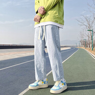 衣然呈品修身牛仔褲男側(cè)邊拉鏈微喇寬松痞帥美式高街潮牌直筒春秋款褲子男 淺藍(lán)色款2系帶 XL【建議135-154斤】