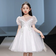安妮優(yōu)兒女童禮服花童婚禮小女孩婚紗鋼琴演奏演出服兒童高端主持人公主裙 白色短款短袖 130