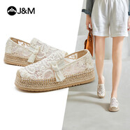 快樂瑪麗（J&M）漁夫鞋女春夏小香風(fēng)平底透氣百搭一腳蹬休閑帆布鞋女 米白色 37 