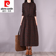 皮爾卡丹（pierre cardin）23年新款亞麻女裝連衣裙秋冬復(fù)古碎花翻領(lǐng)收腰長袖袍子棉麻大擺中 咖啡色 關(guān)注店鋪優(yōu)先* XL 建議125-145斤
