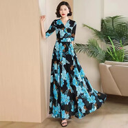 NUKM2025夏法式V領(lǐng)顯瘦印花雪紡連衣裙女超長(cháng)到腳踝拖地大擺沙灘長(cháng)裙 藍色花 M 建議90-100斤