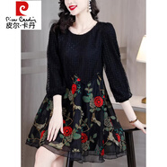 皮爾卡丹（pierre cardin）媽媽遮肚子氣質(zhì)小個(gè)子連衣裙女2025新款秋季假兩件高腰a字短裙子 黑色 2XL 【125-135斤】