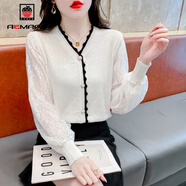 AEMAPE2025春秋季新款女裝長(cháng)袖打底針織衫女蕾絲拼接高級感顯瘦V領(lǐng)內搭 白色 L
