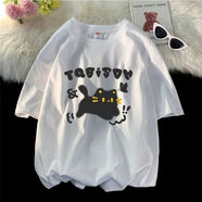 蘇愚ins超火貓咪印花短袖純棉T恤男夏設計感半袖體恤寬松chic港風(fēng)上衣 240克-白 M