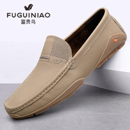 富貴鳥(niǎo)男鞋秋季真皮舒適一腳蹬豆豆鞋軟底商務(wù)透氣時(shí)尚牛筋底皮鞋樂(lè )福鞋 杏色 玉林FG02011 39