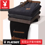 花花公子（PLAYBOY）男士加絨加厚燈芯絨休閑褲冬季潮流國風(fēng)保暖歐米絨刺繡寬松直筒褲 官方店品牌112深灰色【K*1件裝】 加絨 M 建議80-100斤