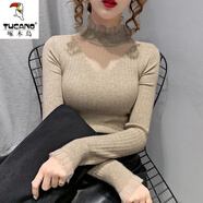 啄木鳥(niǎo)加絨打底衫內(nèi)搭秋冬2025新款半高領(lǐng)蕾絲拼接鏤空毛衣女洋氣修身 淺咖 3XL