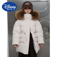 迪士尼（Disney）品牌女童羽絨服大毛領(lǐng)中長(zhǎng)款2024新款冬季中大童休閑保暖外套過(guò)膝 米白色帶毛領(lǐng) 110cm