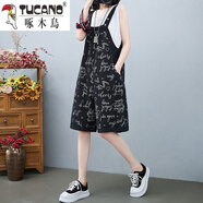 啄木鳥減齡印花牛仔背帶褲女2025夏季新款小個(gè)子吊帶連體褲闊腿五分褲潮 英文字母 M【建議90-110斤】
