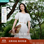 茵曼度假風腰繩收腰連衣裙夏季女裝百搭溫柔燈籠袖氣質(zhì)長裙珍珠白  S