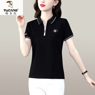 啄木鳥（TUCANO）polo衫短袖t恤女休閑夏季襯衫2025新款帶領(lǐng)顯瘦中年媽媽翻領(lǐng)上衣 黑色 M (適合80斤-100斤)