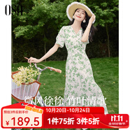 歐莎（OSA）【竹吟連衣裙】度假風(fēng)茶歇碎花裙連衣裙子女夏季新款顯瘦中長裙 白底綠花 L