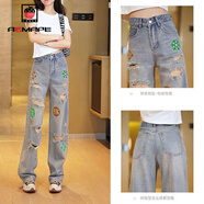 AEMAPE女褲2026春秋夏季新款女破洞牛仔褲女個(gè)性乞丐燙鉆寬松褲子 MX-10-1033_K131-復古藍 XL _建議_120-130斤