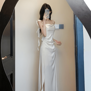 Maycaur法式感醋酸緞面吊帶洋裝御姐氣質(zhì)名媛收腰宴會(huì )禮服裙女秋季 白色 M