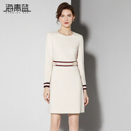 海青藍(lán)（CYANINE SEA）簡(jiǎn)約時(shí)尚洋氣拼接撞色連衣裙女2024秋季新款高級(jí)感收腰顯瘦裙子 杏色 S
