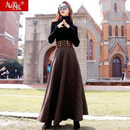 九美雪狐2024新款女裝秋冬冬季大擺到腳踝高腰加厚超長(cháng)款半身長(cháng)裙毛呢冬裙 格子 S