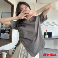 美安嘉300斤大碼女裝遮肚子不規(guī)則短袖正肩T恤夏季胖mm寬松開叉別致上衣 灰色-胖mm大碼女裝 XL 建議120-150斤-胖mm大碼女裝