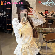 VOYDOVE韓系鏤空蕾絲荷葉邊長(cháng)袖連衣裙女2025早春新款小眾微透連帽衛衣裙 白色(送腰帶)【z】 M 96-107斤