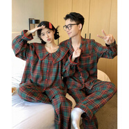 情侶裝睡衣一男一女夫妻倆件套裝春秋季公主風(fēng)休閑圣誕格家居服 圣誕綠格男款 165斤內 均碼