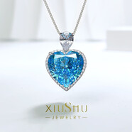 QUAMER老鳳凰金店款奢華925純銀海洋之心項鏈吊墜鎖骨鏈鑲嵌高碳鉆心形 海藍寶色 鏈長(cháng)45+5cm
