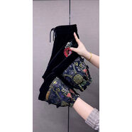 冬季新年款國潮風(fēng)盤扣刺繡休閑褲女加絨加厚金絲絨束腳休閑哈倫褲 黑色 M