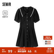 森馬牛仔連衣裙女撞色大翻領學院風森柔牛仔夏收腰泡泡袖短裙甜酷 牛仔水洗黑98201 M