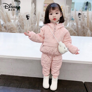 木清清女童冬裝洋氣女寶寶防風(fēng)菱格棉服連帽套裝百搭兒童棉衣棉褲兩件套 粉紅色 80