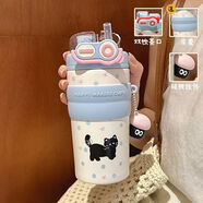 聚莜家可愛(ài)雙飲保溫杯女卡通杯子女士316高顏值水杯生日圣誕禮物送女友 藍色小黑貓+杯套+玩偶 500ml