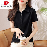 皮爾卡丹（pierre cardin）polo衫翻領(lǐng)短袖t恤女士2025夏新款純|棉短款上衣洋氣寬松黑色體恤 黑色【短袖t恤女/正肩t恤/夏裝20 XL(建議115斤-130斤)