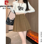 皮爾卡丹（pierre cardin）咖色加厚毛呢百褶半身裙女秋冬2025新款a字半裙小個子高腰短裙子 卡其色 S