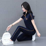 匹卡特（PIKATE）t恤女短袖女裝夏裝休閑套裝女夏季女士上衣服運(yùn)動(dòng)服韓版寬松夏天 7676寶藍(lán)衣+寶藍(lán)褲 XL