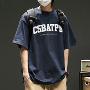 勒普萊純棉短袖t恤男美式重磅復(fù)古寬松新款夏季潮牌ins痞帥圓領(lǐng)半袖體恤 深藍(lán)色 XL (建議135斤-150斤)