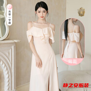 伴娘服香檳色緞面新款小眾感平時可穿姐妹團伴娘禮服長款 香檳色822 吊帶d款中長款 L  -服女宴會晚禮服高檔大氣