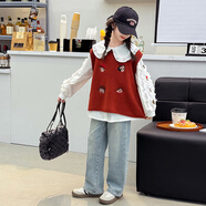 小咕嘟熊童裝女童春秋裝2024新款中大兒童女孩衣服馬甲襯衫牛仔褲三件套 馬甲+襯衫+牛仔褲 130