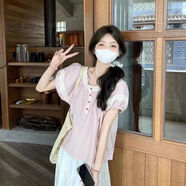 GOCHIEI甜美蕾絲拼接短袖襯衫女夏季設計感上衣減齡粉色寬松泡泡袖娃娃衫 粉紅色 M 91-100斤