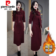 皮爾卡丹（pierre cardin）新款時(shí)尚加絨加厚感氣質(zhì)優(yōu)雅褶皺連衣裙收腰顯瘦過膝長裙子女 車?yán)遄蛹t S 100斤以下