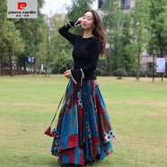 皮爾卡丹（pierre cardin）2025新款民族風(fēng)長(zhǎng)裙女春秋冬裙子印花色棉麻大擺裙半身裙松緊腰圍 寶藍(lán)色 七彩波點(diǎn) 2XL
