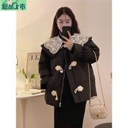 艾妃琳蕾絲娃娃領(lǐng)設(shè)計(jì)感棉服外套女裝冬季2025新款甜美減齡寬松長袖棉衣 黑色 S