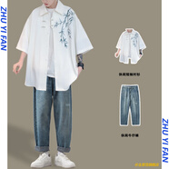 主意范（ZHUYIFAN）胖子超大碼國風(fēng)七分袖襯衫男夏季外套寬松刺繡冰絲學(xué)生休閑襯衣男 HC24249白色+k008牛仔褲 M 90-110斤