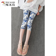 啄木鳥(niǎo)（TUCANO）夏季彈力打底褲薄款顯瘦7分褲外穿女夏2025新款緊身小腳褲七分褲 【七分】牡丹青花 均碼 【90-140斤】