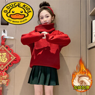 G.DUCKKIDS小黃鴨女童紅色兔子線衣秋冬本命年龍毛衣冬季女大童套頭加絨加厚 新年紅毛衣【加絨-圍巾】 120cm 建議身高110cm左右穿